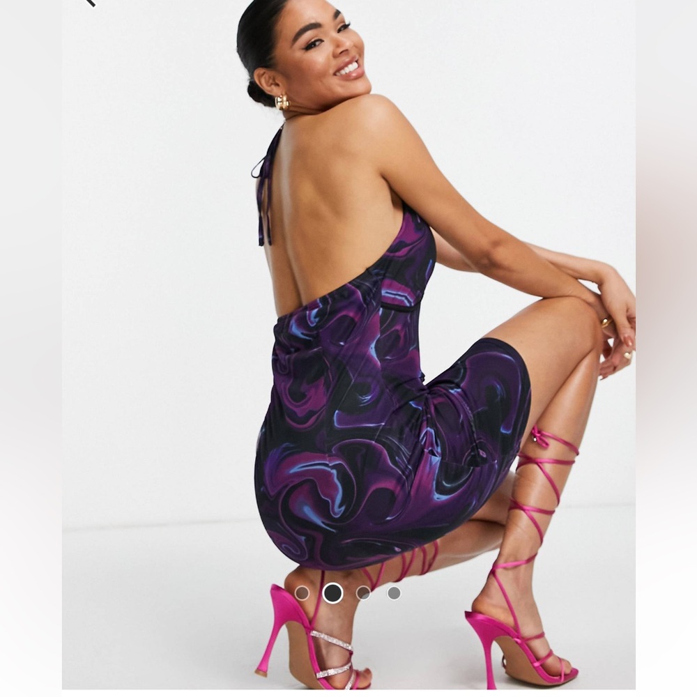 NWT - NAANAA MESH MINI US10 HALTER DRESS PURPLE SWIRL PRINT wBLACK LINER SEWN IN